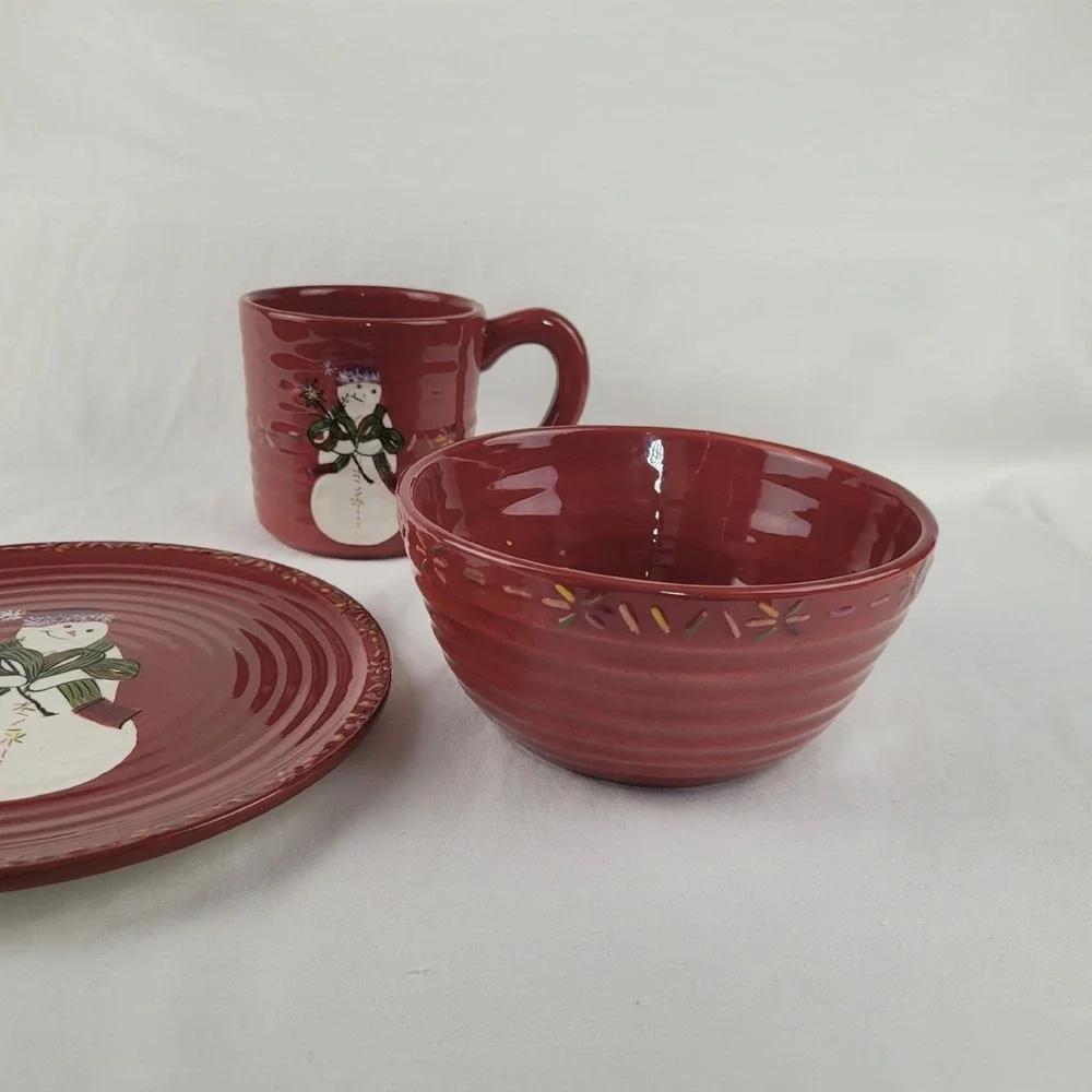 Tracy Porter Jingle Bell Snowman Red Ceramic Mug Bowl Plate 3 Piece Set